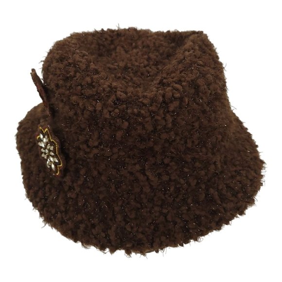 Cejon Brown Nubby Shaggy Sparkle Bucket Hat Floral Blossom One Size Festival Y2K - Picture 11 of 12